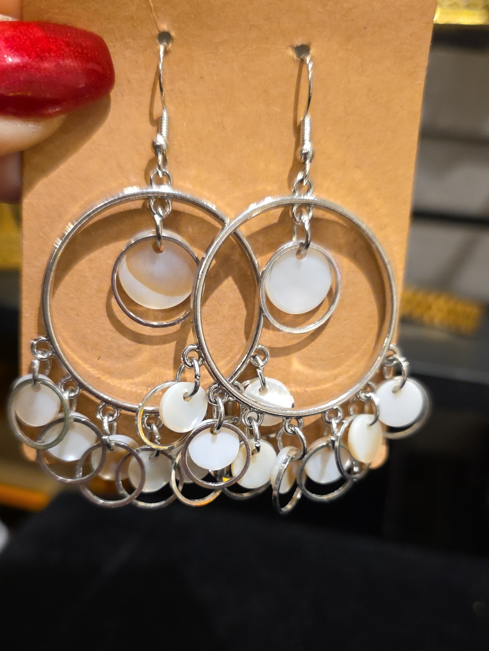 2 Cute Silver Hoop Earrings with White Shell Discs